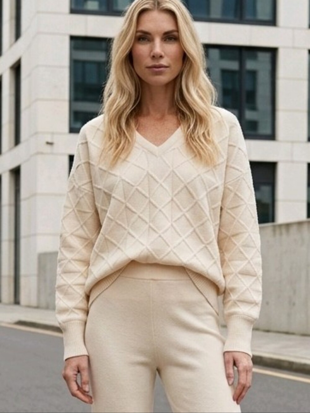 Cream Diamond-Texture V-Neck Sweater